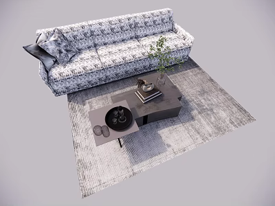 Patterned Fabric Sofa and Modern Coffee Table Set with Potted Plant Books on Floor Rug 3d model