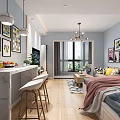 Modern Apartment Interior with Light Blue Walls Gray Sofa Wooden Coffee Table and Geometric Rug