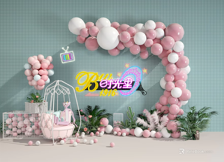 Inflatable Pink White Balloon Arch Party Setup Light Blue Background Green Plants Birdcage Chair 3d model 