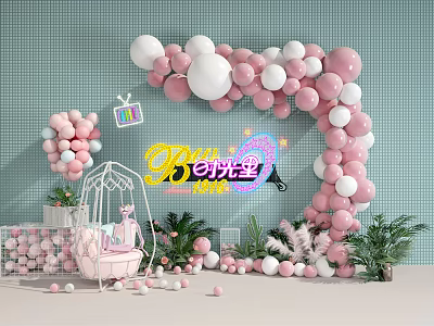 Inflatable Pink White Balloon Arch Party Setup Light Blue Background Green Plants Birdcage Chair 3d model