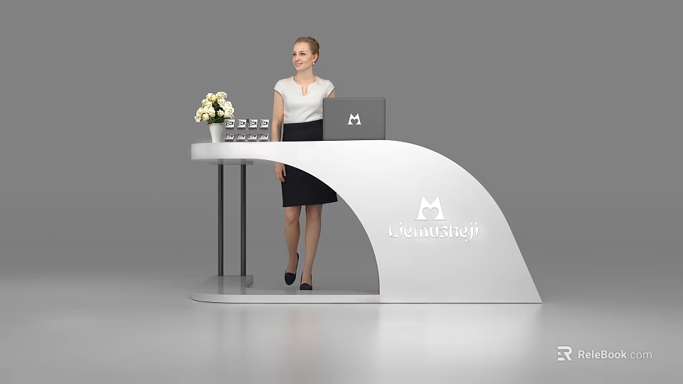 Modern Curved White Reception Desk with Cleverstaff Logo Laptop And Flower Vase and Professional Receptionist 3d model 