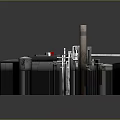Industrial Equipment Setup With Black Blue Mechanical Parts Pipes Containers And Control Panels