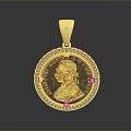 Golden Coin Shaped Pendant With Portrait Inscription And Top Diamond Decoration