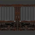 Traditional Double Wooden Gates With Vertical Iron Bars And Carved Panels