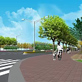 Municipal Road With Green Trees Street Lamps Vehicles Pedestrians And Paved Sidewalks