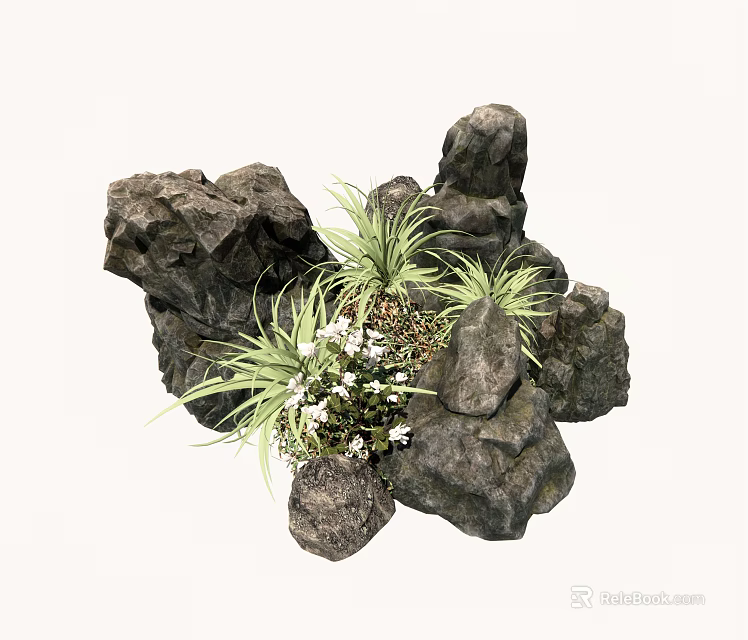 Natural Stone And Wood Decorative Arrangement With Green Grass And Small White Flowers 3d model 
