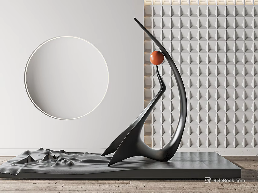 Modern Black Curved Sculpture with Orange Sphere on Black Platform and Gray Cloth 3d model 