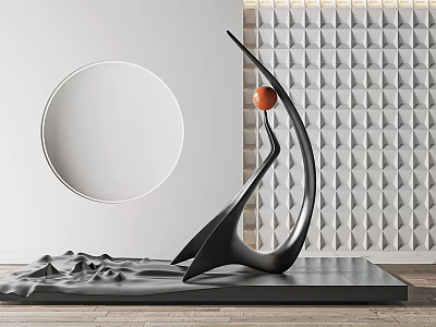 Modern Black Curved Sculpture with Orange Sphere on Black Platform and Gray Cloth 3d model