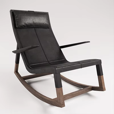 Black Leather Rocking Chair With Wooden Rockers And Modern Comfortable Seating Design 3d model