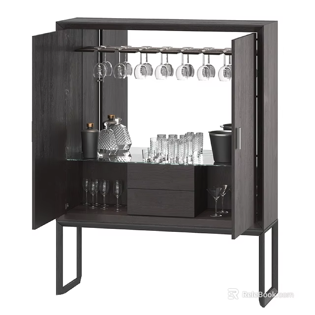 Modern Wine Cabinet Storage With Wine Bottles Wine Glasses And Hanging Racks 3d model 