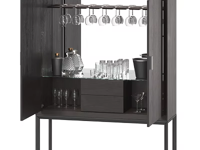 Modern Wine Cabinet Storage With Wine Bottles Wine Glasses And Hanging Racks 3d model