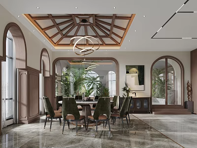 Elegant Restaurant Interior With Wooden Ceiling Round Chandelier Arched Windows And Marble Floor 3d model