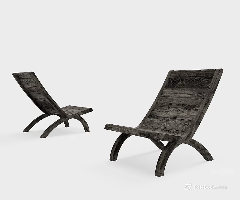 Two Modern Wooden Lounge Chairs With Curved Legs And Dark Wood Texture 3d model 
