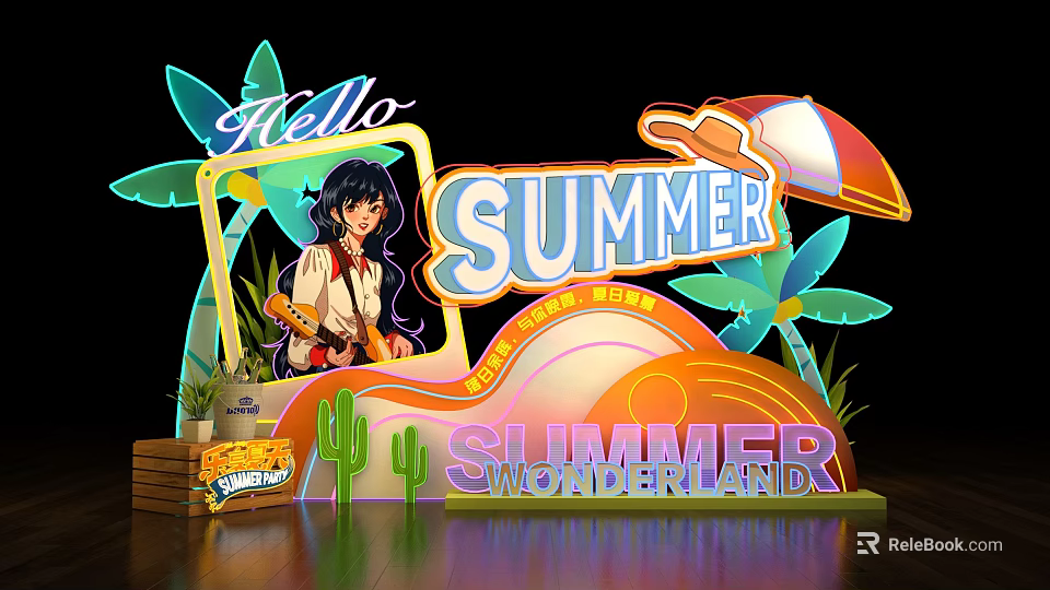 Summer Wonderland Photo Spot Featuring Cartoon Girl Playing Guitar Palm Trees Cactus Neon Decorations 3d model 