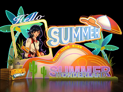Summer Wonderland Photo Spot Featuring Cartoon Girl Playing Guitar Palm Trees Cactus Neon Decorations 3d model