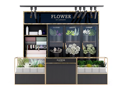 Modern Flower Shop Display Shelves Featuring Spotlights Glass Doors And Various Plants 3d model