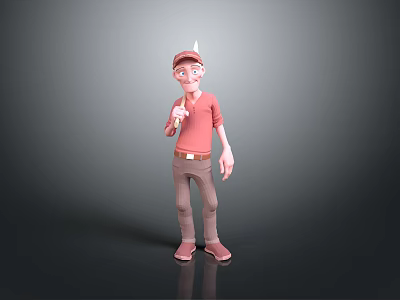 Man in red shirt brown pants with party hat holding ice cream against gray background 3d model
