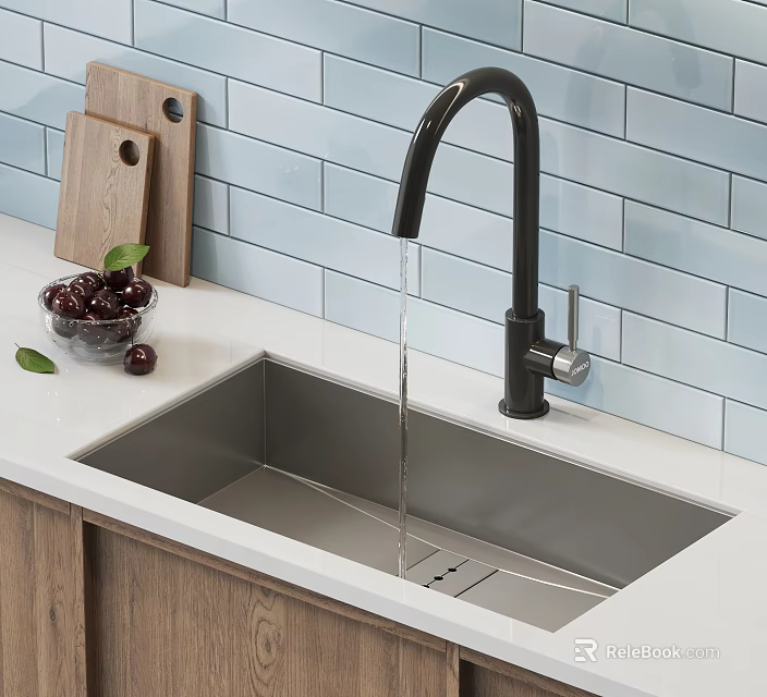 Stainless Steel Kitchen Sink With Black Faucet Blue Tiled Wall And Wooden Cutting Board 3d model 
