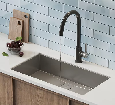Stainless Steel Kitchen Sink With Black Faucet Blue Tiled Wall And Wooden Cutting Board 3d model