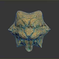 Ancient Bronze Mythical Beast Head Artifact With Green Patina And Gold Details