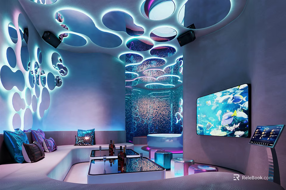 Modern KTV Lounge Interior With Colorful Lighting And Comfortable Sofas And TV Screens 3d model 