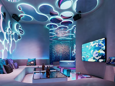Modern KTV Lounge Interior With Colorful Lighting And Comfortable Sofas And TV Screens 3d model