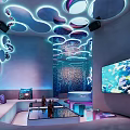 Modern KTV Lounge Interior With Colorful Lighting And Comfortable Sofas And TV Screens