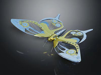 Mechanical Butterfly Decorative Metal Model With Silver Yellow Wings And Intricate Circular Patterns 3d model