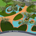 Colorful Children's Play Area With Curved Water Features And Shaded Trees