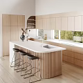 Modern Kitchen Interior With Wooden Cabinets White Island And Black Stools