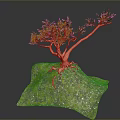 3D Model of Tree with Purple Leaves and Orange Trunk on Rock with Green Moss