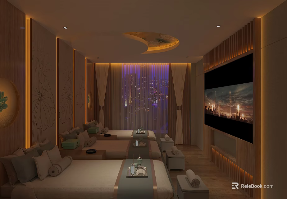 Relaxing SPA Sauna Interior With Comfortable Sofas Coffee Tables And Ambient Lighting 3d model