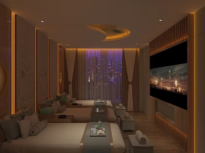 Relaxing SPA Sauna Interior With Comfortable Sofas Coffee Tables And Ambient Lighting 3d model