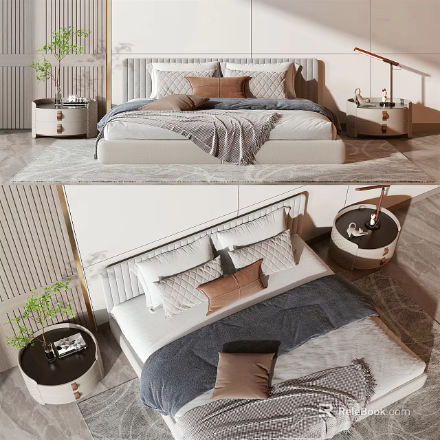 Modern Double Bed Interior With Plush Pillows Cozy Blanket Bedside Tables Lamp And Plant 3d model 