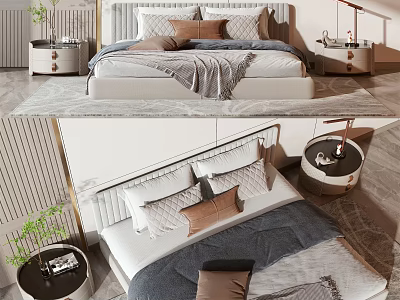 Modern Double Bed Interior With Plush Pillows Cozy Blanket Bedside Tables Lamp And Plant 3d model