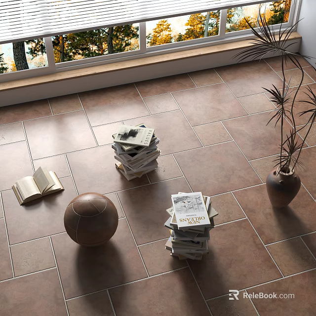 Sunlit Room With Stacked Books Magazines Open Book Football Vase On Tile Floor 3d model 