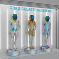 Cooks Mannequins Display Different Apparel In Modern Showcase With Lighting