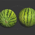 Fresh Green Striped Watermelons on Black Reflective Surface with Ripe Texture