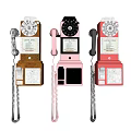 Vintage Dial Telephones in Brown Pink Red with Local Call Labels and Coiled Cords