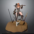 Warrior Woman with Red Hair in Armor Standing on Pedestal With Skull and Weapons