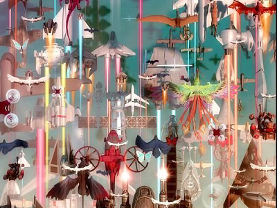 Colorful Hanging Art Installation With Airplanes Ships Birds Carriages And Lights 3d model