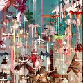 Colorful Hanging Art Installation With Airplanes Ships Birds Carriages And Lights