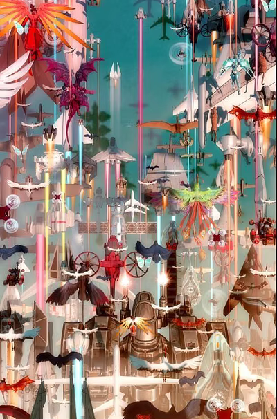 Colorful Hanging Art Installation With Airplanes Ships Birds Carriages And Lights 3d model