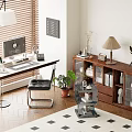 Cozy Home Study Room With Wooden Desk Computer Bookshelf Table Lamp And Indoor Plants