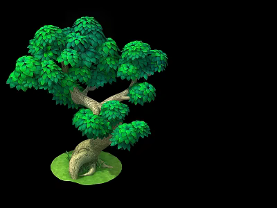 Lush Green Decorative Tree With Curved Trunk And Dense Foliage On Green Base 3d model
