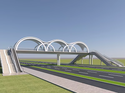 Modern Arched Pedestrian Bridge Spanning Highway With Grass And Blue Sky 3d model