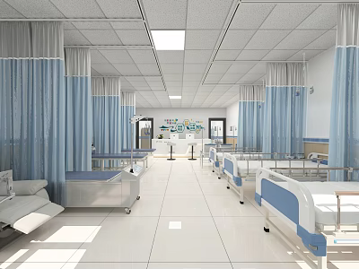 Spacious Hospital Ward Interior With Blue Curtains White Beds And Medical Equipment 3d model