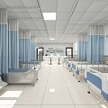 Spacious Hospital Ward Interior With Blue Curtains White Beds And Medical Equipment