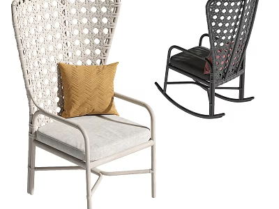 Modern Woven Single Chair and Rocking Chair in White Black with Yellow Red Cushion 3d model