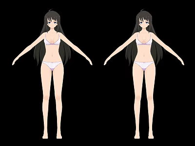 Long Haired Anime Female Characters in White Underwear Standing on Black Background with Arms Outstretched 3d model